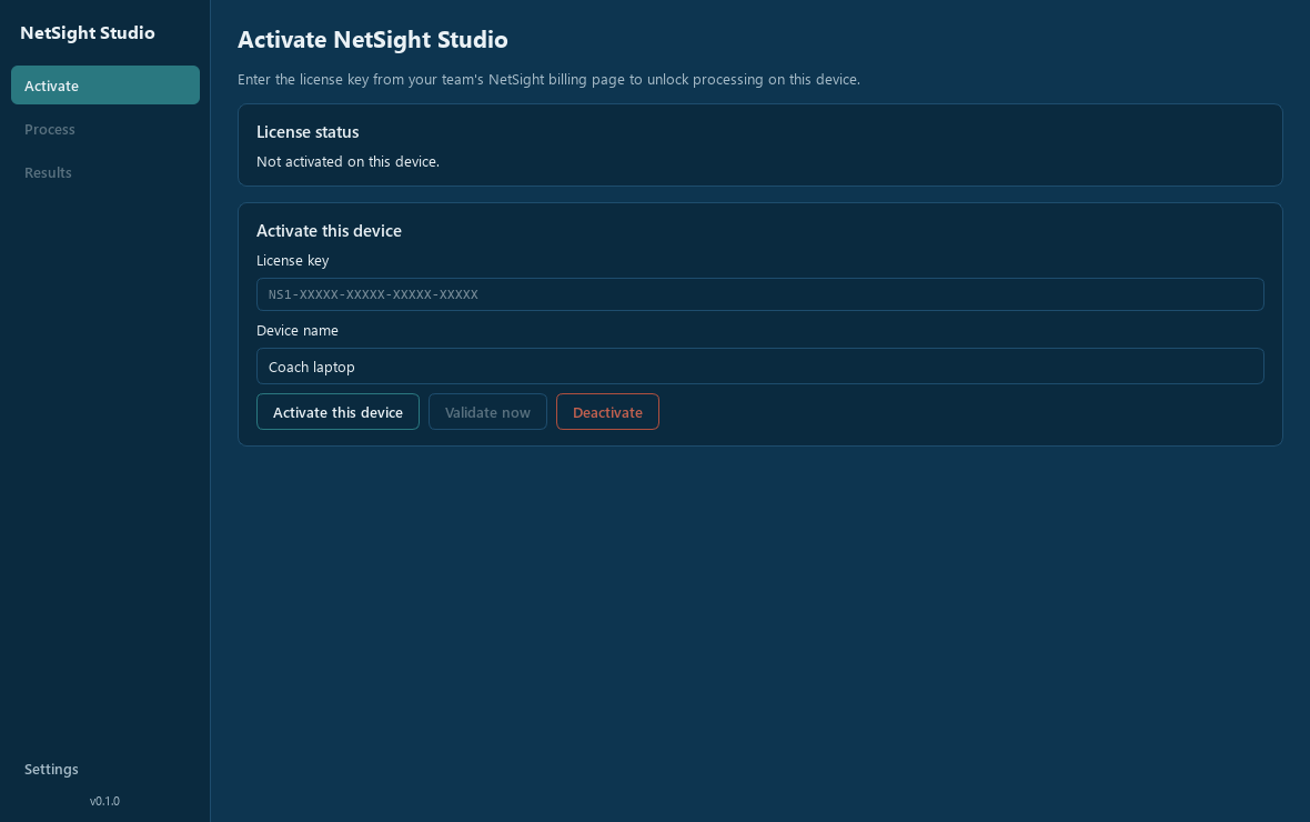 NetSight Studio's activation screen: dark navy interface with an Activate, Process, Results, and Settings navigation rail; processing stays locked until a license key is entered.